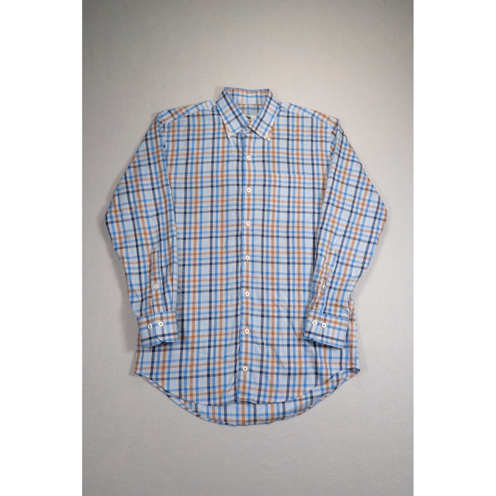 Peter Millar Mens  XXL Blue Brown Plaid Button Down‎ Long Sleeve Shirt Cotton